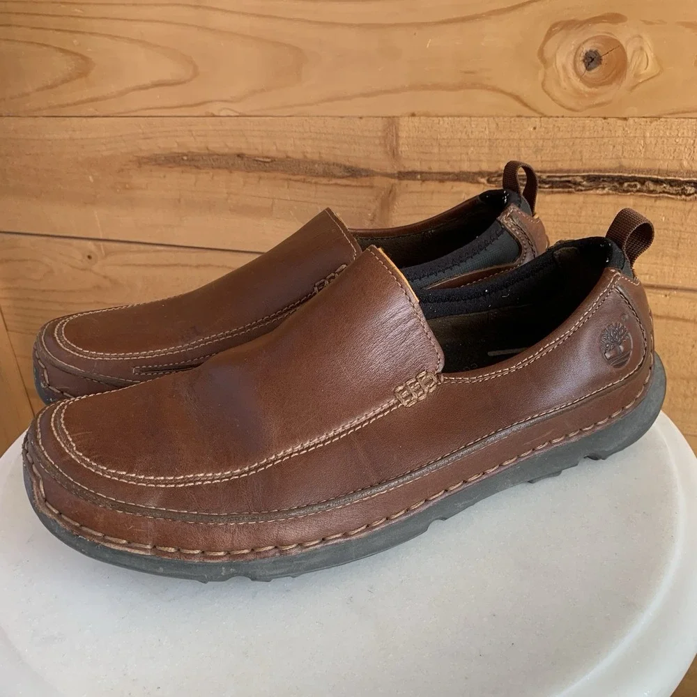Timberland Comfort Shoes Mens Size 9.5 Brown Leather Slip On Casual Loafers‎